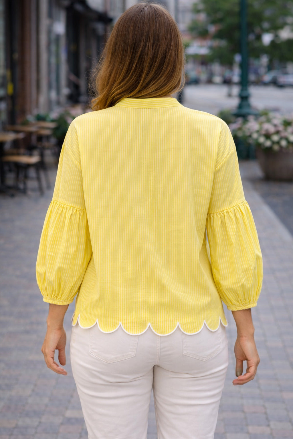 Women Yellow Striped Mandarin Collar Puff Sleeve Casual Shirt