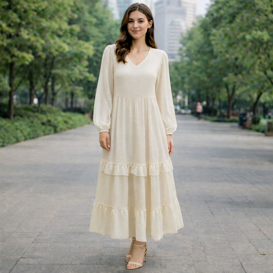 Women Cream Self-Design Tiered Maxi Dress