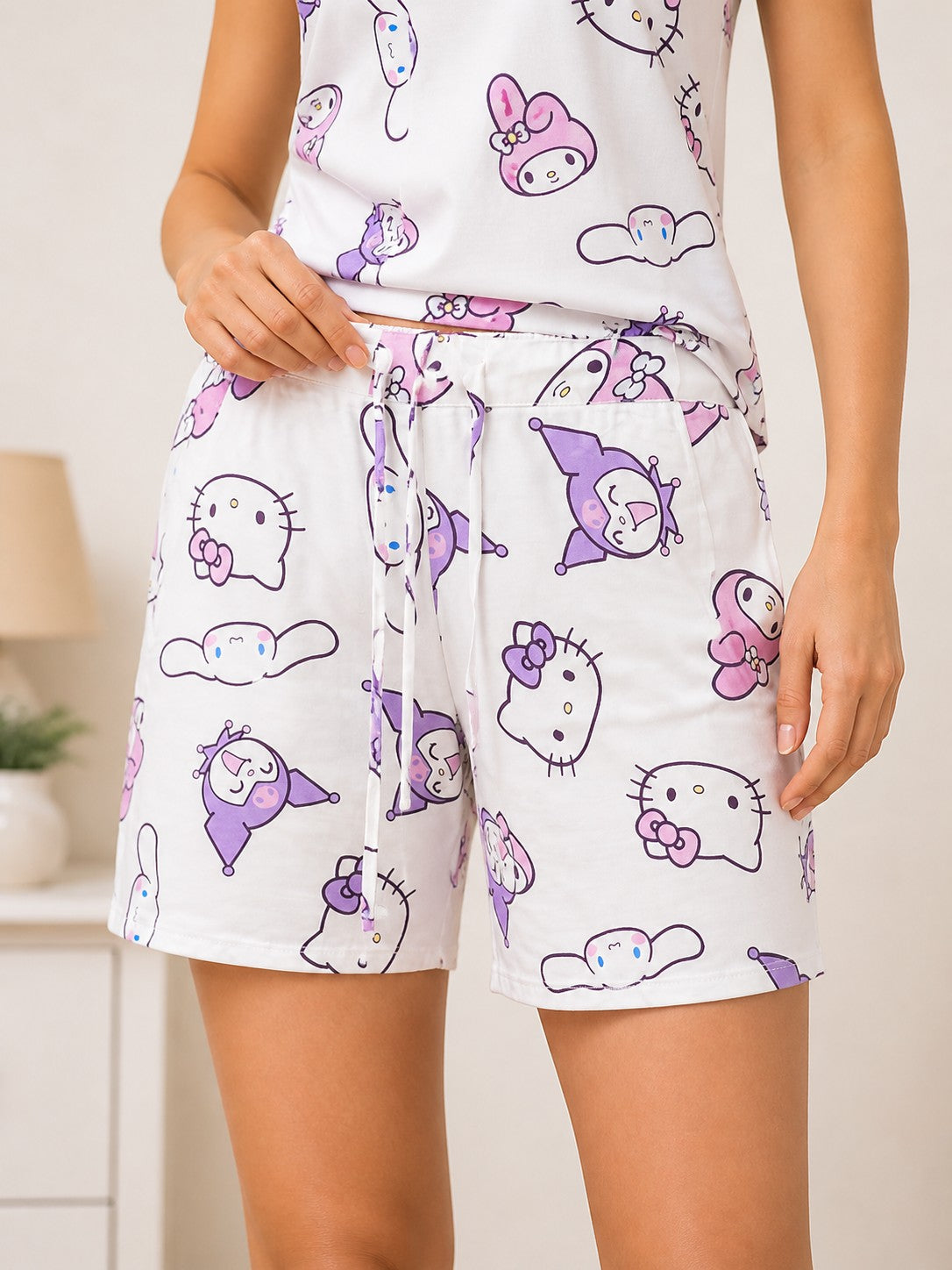 Women White & Purple Cartoon Printed Night Suit Set