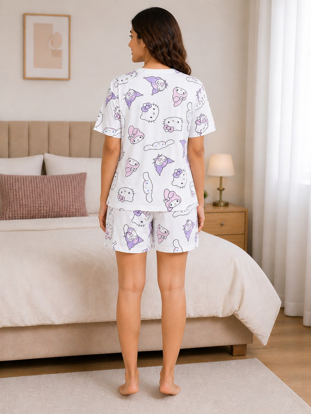 Women White & Purple Cartoon Printed Night Suit Set