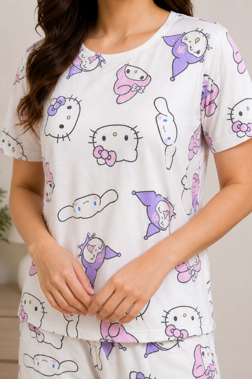 Women White & Purple Cartoon Printed Night Suit Set