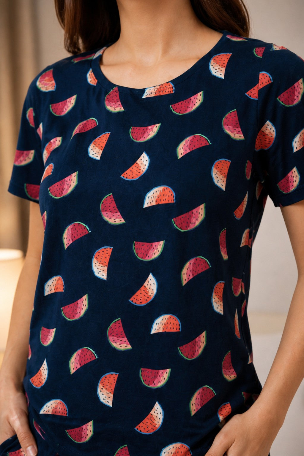 Women Navy Blue Printed Top & Shorts Night Suit Set