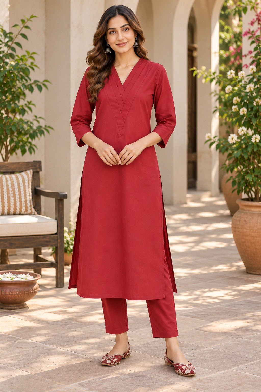Women Solid Cotton Triple V Neck Kurta Set