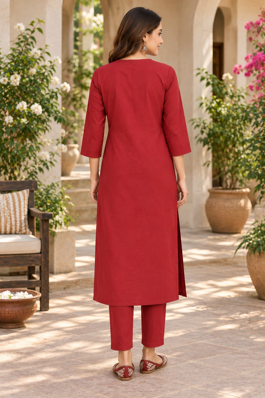 Women Solid Cotton Triple V Neck Kurta Set