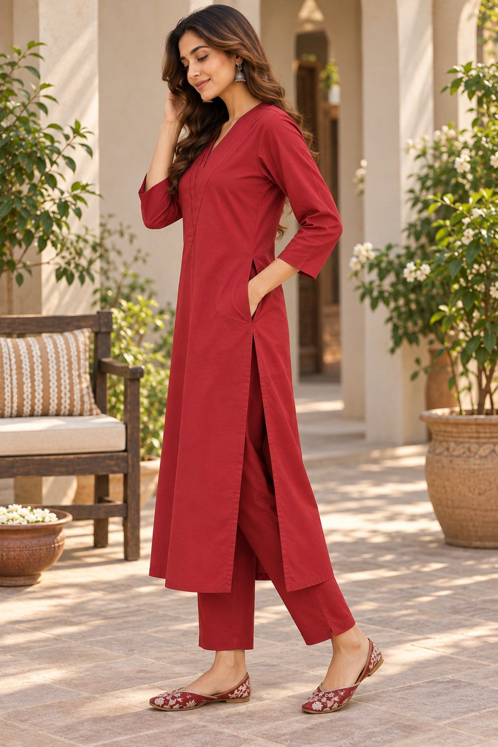 Women Solid Cotton Triple V Neck Kurta Set