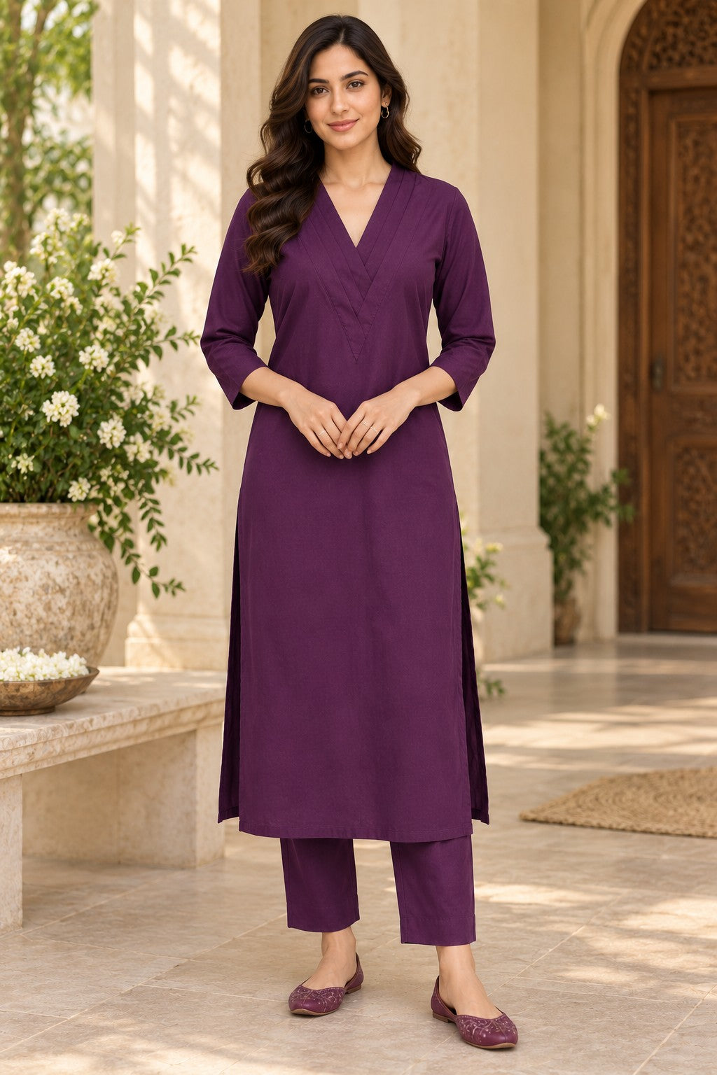 Women Solid Cotton Triple V Neck Kurta Set