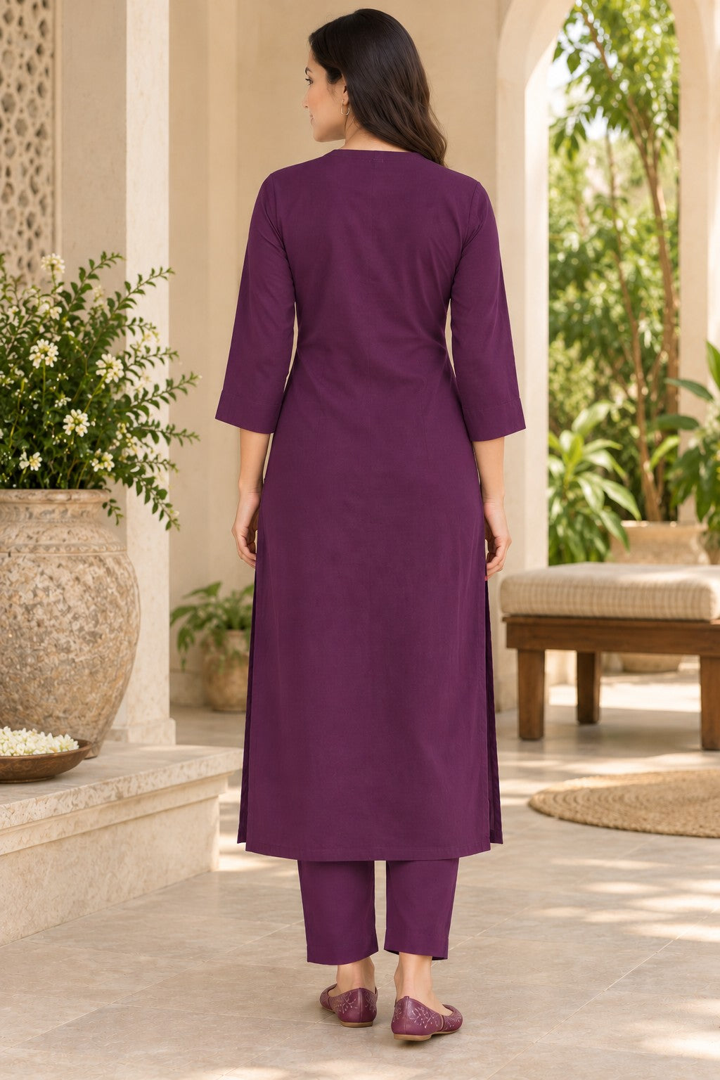 Women Solid Cotton Triple V Neck Kurta Set