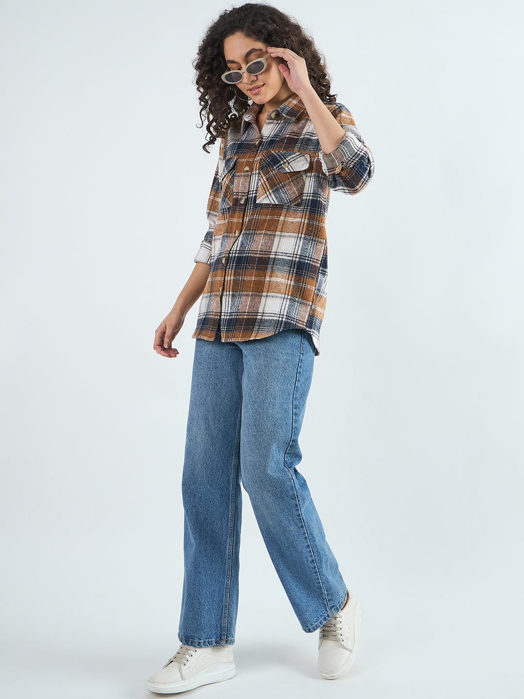 Blue Checked Casual Cotton Shirtshirts for women