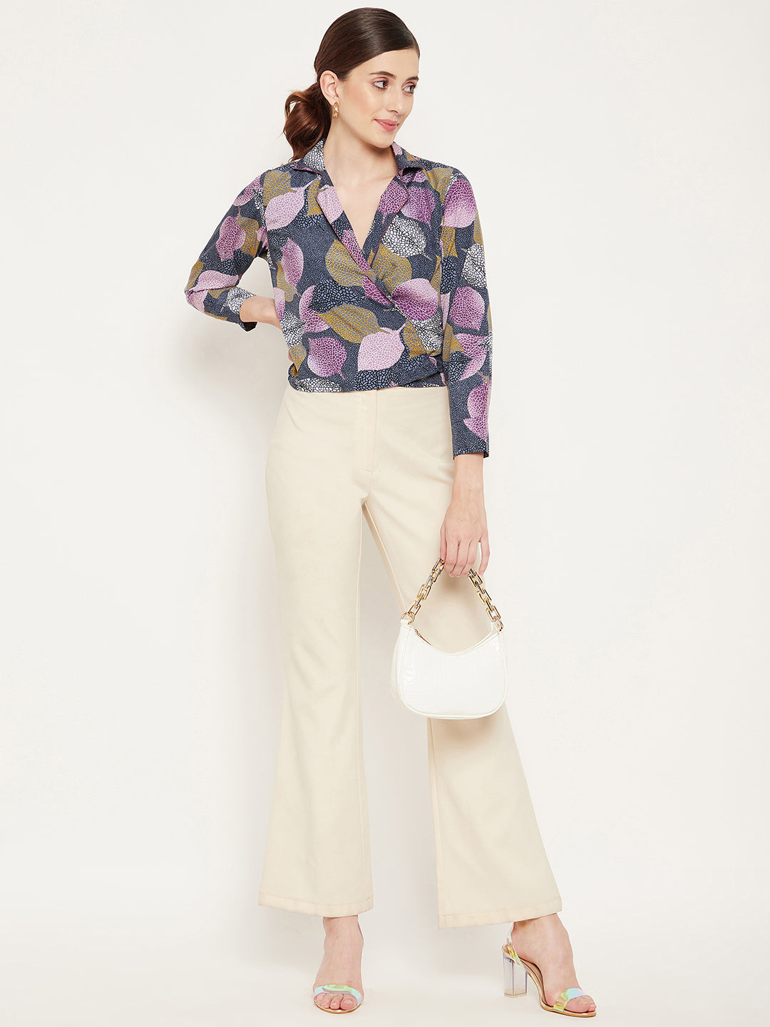 Navy Blue Floral Print Crepe Wrap Top