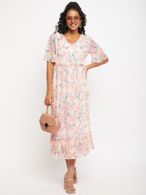 Floral Printed V-Neck Flared Sleeves Flounce Fit & Flare Midi Dress