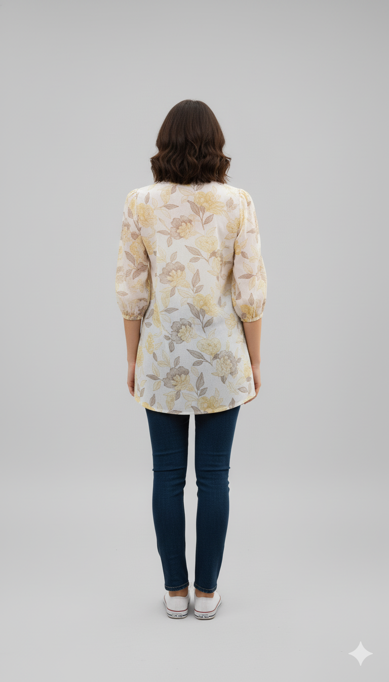 Women Floral Printed Mandarin Collar Puff Sleeve Top
