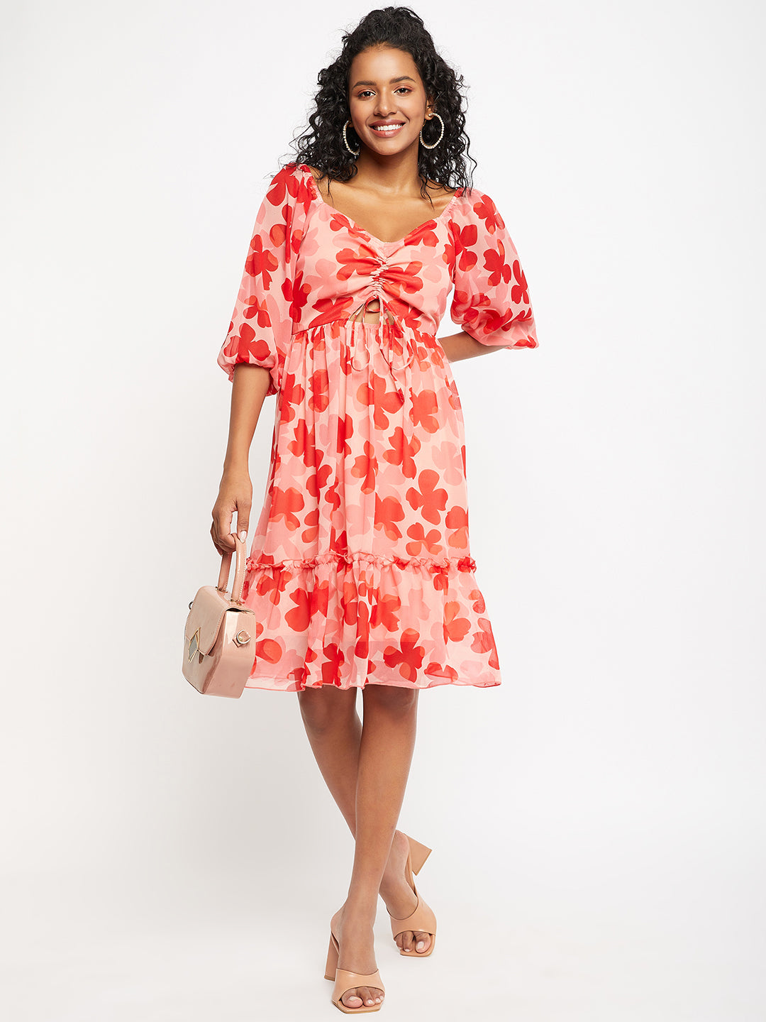 Floral Printed Puff Sleeves Cut-Out Detailed Ruched Fit & Flare Dress