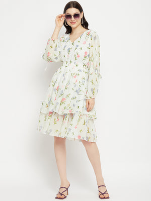 V Neck Floral Print Slit Sleeve Layered Georgette Fit & Flare Dress