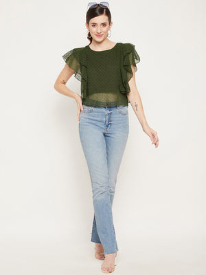 Women Olive Green Self Design Ruffles Georgette Top