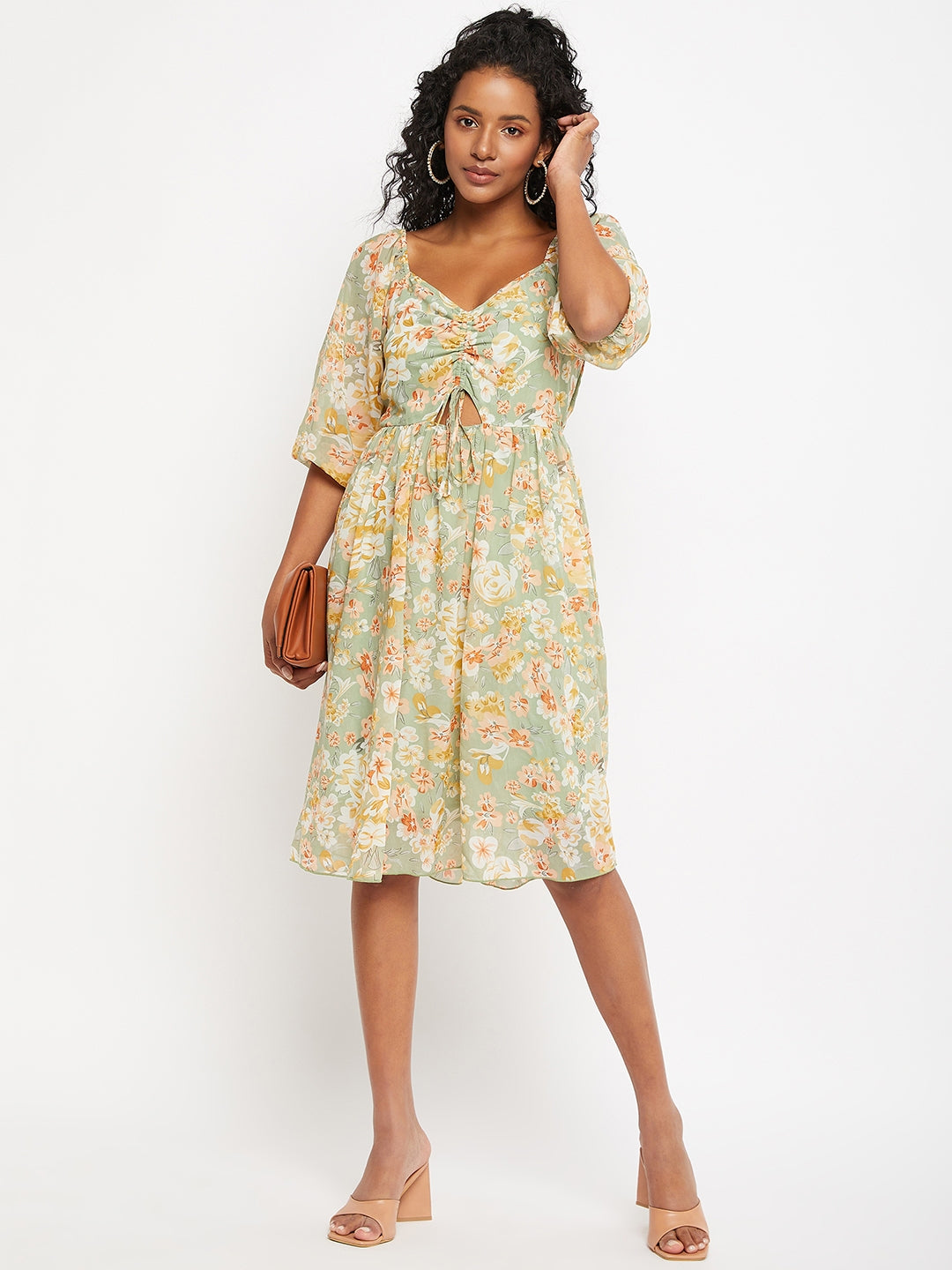 Floral Printed Tie-Ups Detail Georgette Fit & Flare Dress