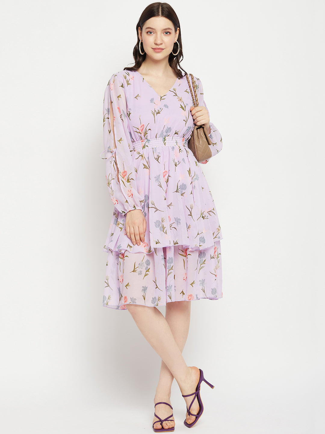 Floral Printed Puff Sleeves Fringed Layered Fit & Flare Dress