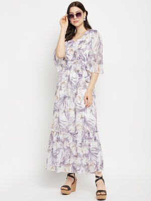 Floral Printed V-Neck Flared Sleeves Tie-Up Detailed Fit & Flare Maxi Dress