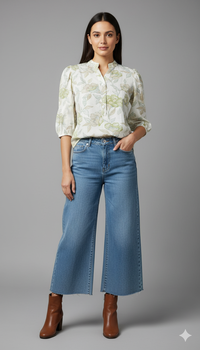 Women Floral Printed Mandarin Collar Puff Sleeve Top