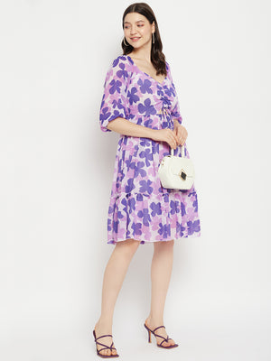 Floral Printed Tie-Ups Detail Georgette Fit & Flare Dress