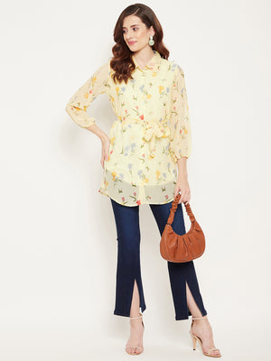 Yellow & Red Shirt Collar Printed Tunic