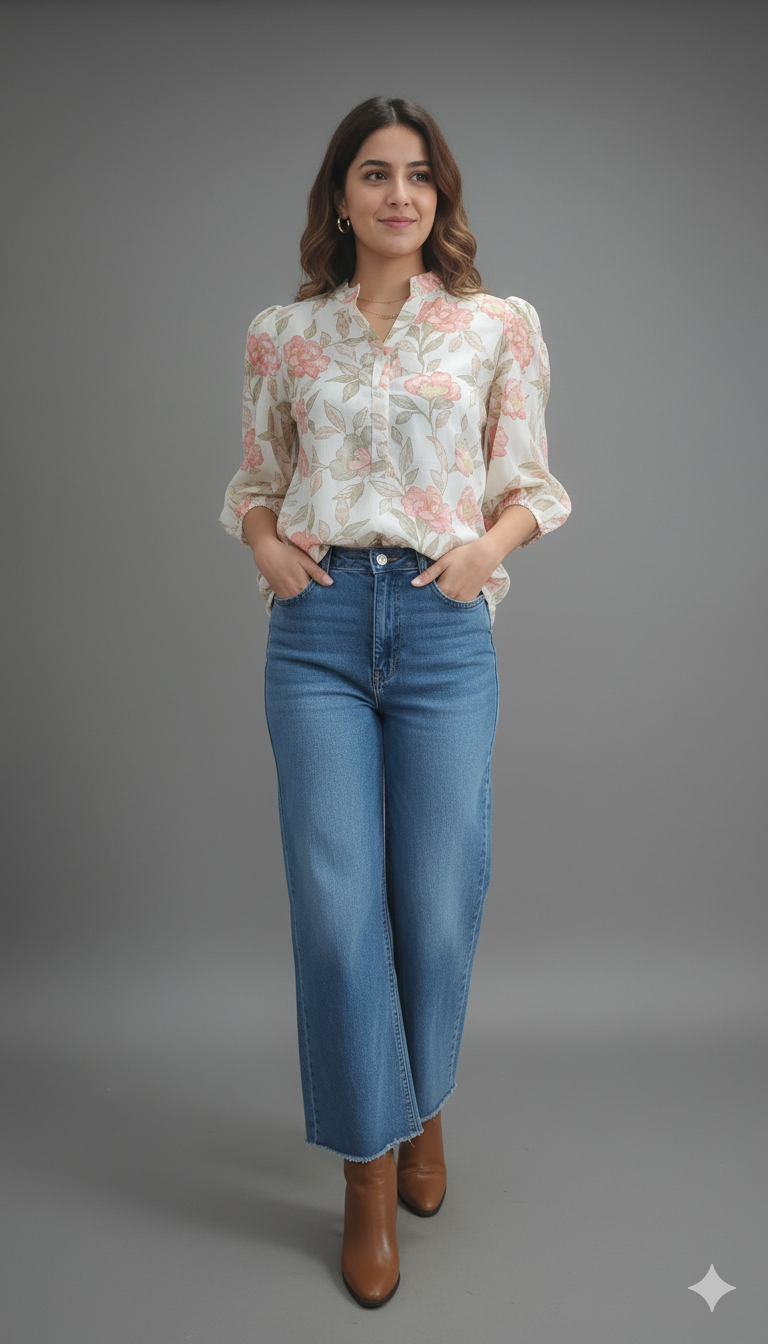 Women Floral Printed Mandarin Collar Puff Sleeve Top