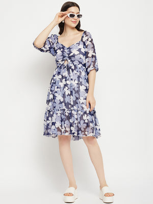 Floral Printed Tie-Ups Detail Georgette Fit & Flare Dress