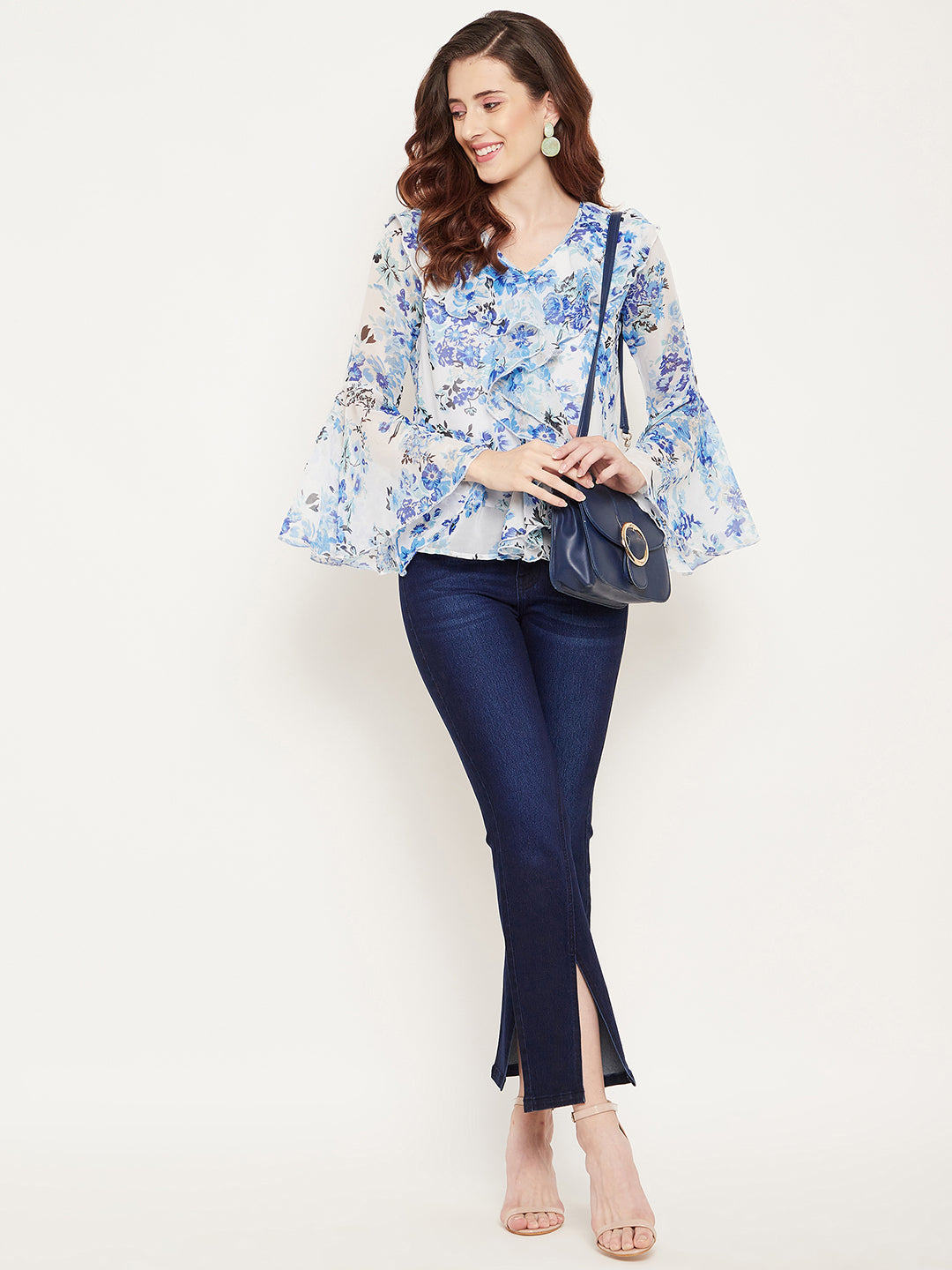 Women White & Blue Floral Print Georgette Top