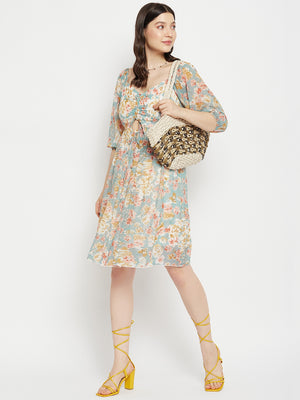 Floral Printed Puff Sleeves Cut-Out Detailed Ruched Fit & Flare Dress