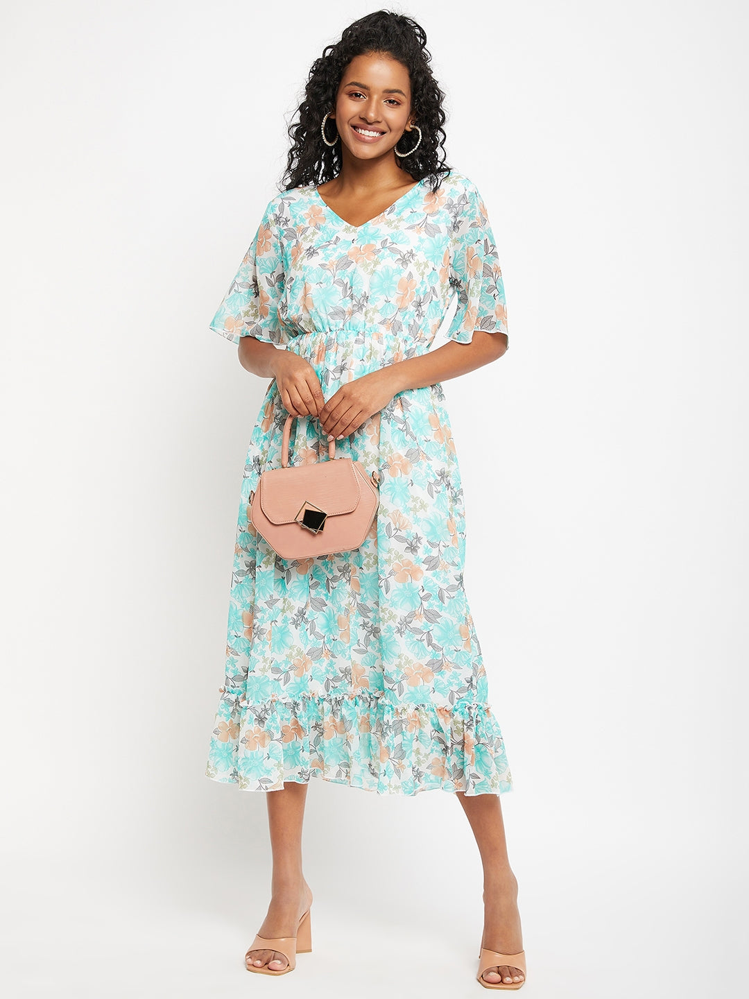Floral Printed V-Neck Flared Sleeves Flounce Fit & Flare Midi Dress BITTERLIME Floral Printed V-Neck Flared Sleeves Flounce Fit & Flare Midi Dress BITTERLIME