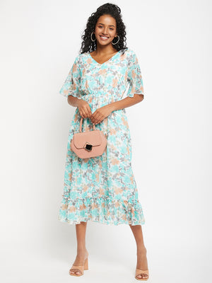 Floral Printed V-Neck Flared Sleeves Flounce Fit & Flare Midi Dress