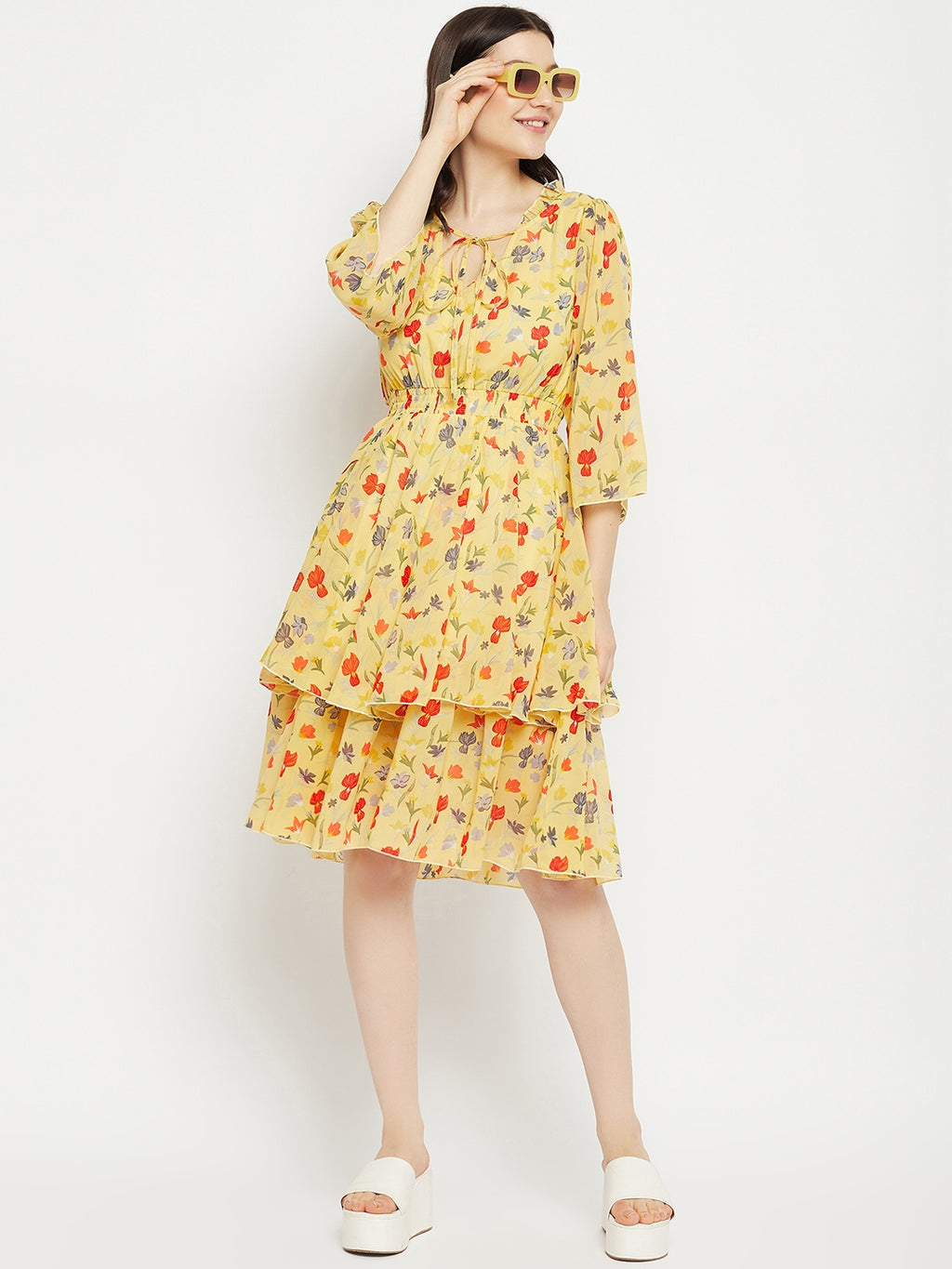 Floral Printed Tie-Up Neck Layered Fit & Flare Dress