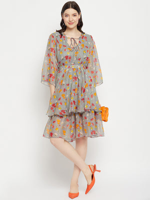 Floral Printed Tie-Up Neck Layered Fit & Flare Dress