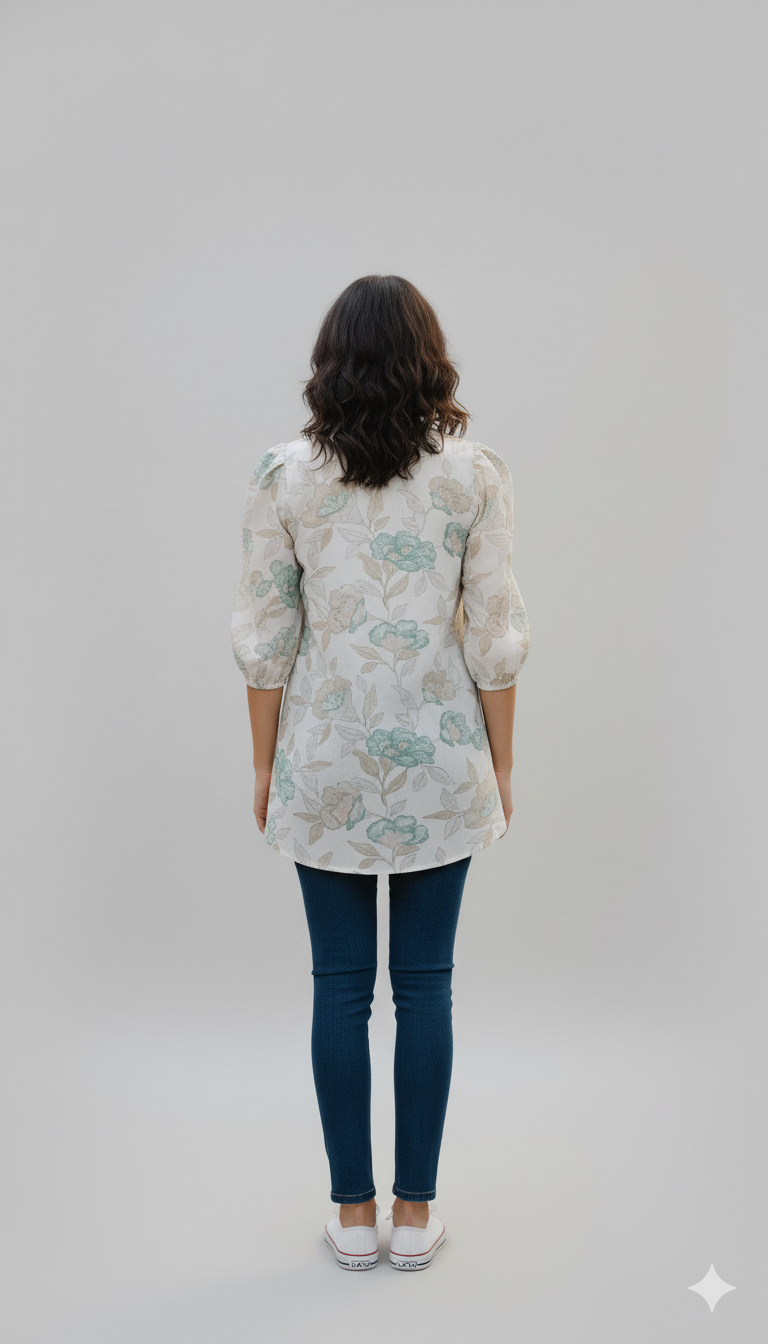 Women Floral Printed Mandarin Collar Puff Sleeve Top