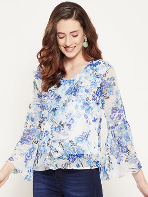 Women White & Blue Floral Print Georgette Top