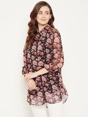 Black & Rust Shirt Collar Printed Tunic