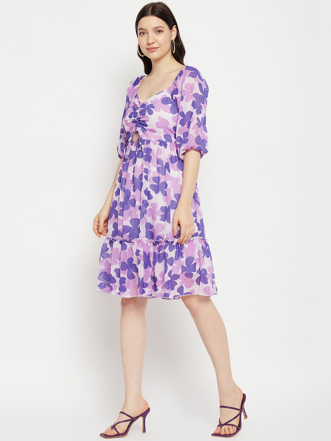 Floral Printed Tie-Ups Detail Georgette Fit & Flare Dress