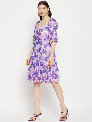 Floral Printed Tie-Ups Detail Georgette Fit & Flare Dress