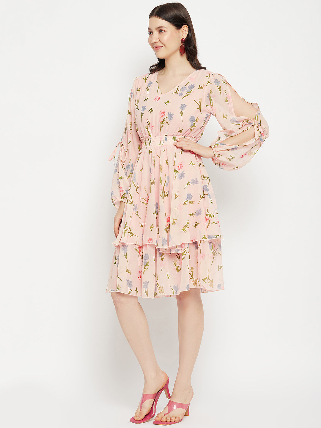 Floral Printed Puff Sleeves Fringed Layered Fit & Flare Dress