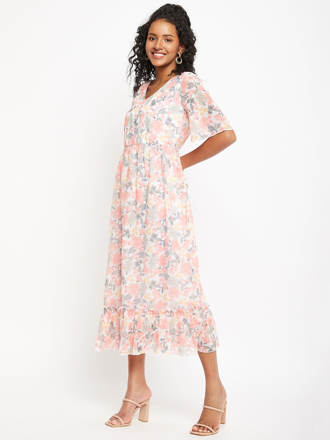 Floral Printed V-Neck Flared Sleeves Flounce Fit & Flare Midi Dress