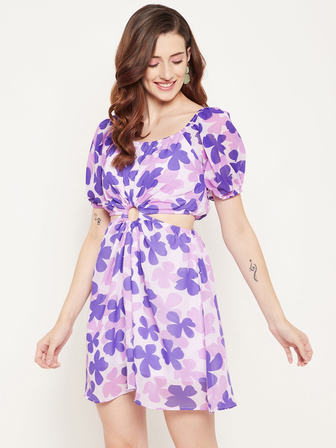Purple Floral Off-Shoulder Georgette Dress