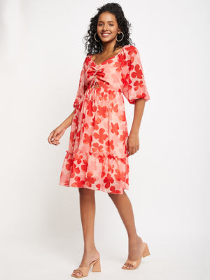 Floral Printed Puff Sleeves Cut-Out Detailed Ruched Fit & Flare Dress