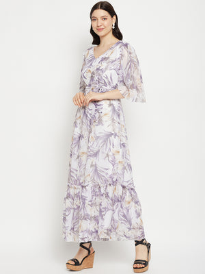 Floral Printed V-Neck Flared Sleeves Tie-Up Detailed Fit & Flare Maxi Dress