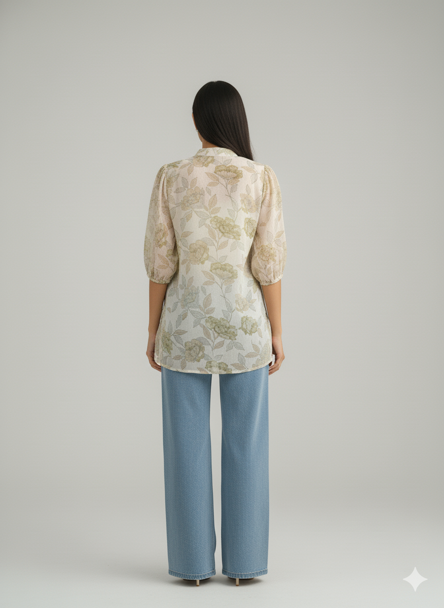 Women Floral Printed Mandarin Collar Puff Sleeve Top