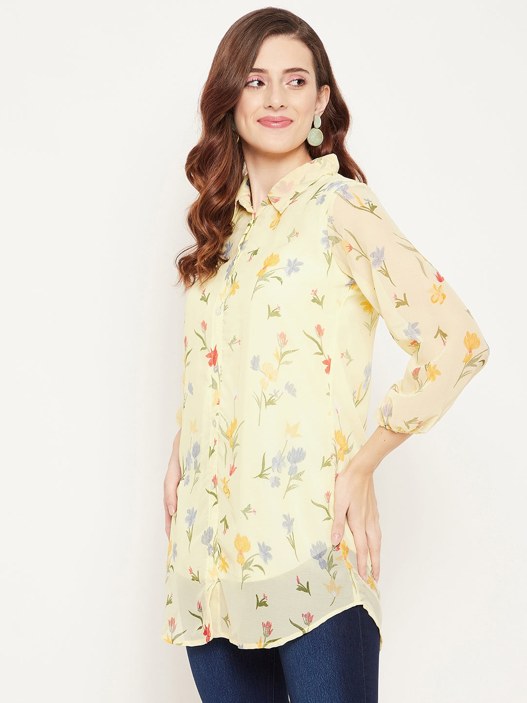 Yellow & Red Shirt Collar Printed Tunic