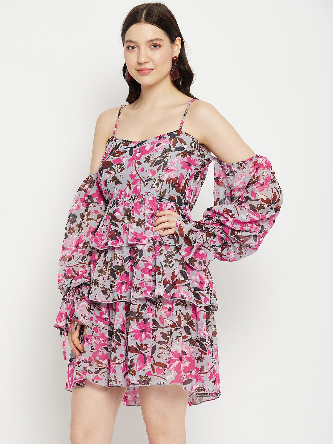 Grey Floral Print Cold-Shoulder Layered Georgette A-Line Dress