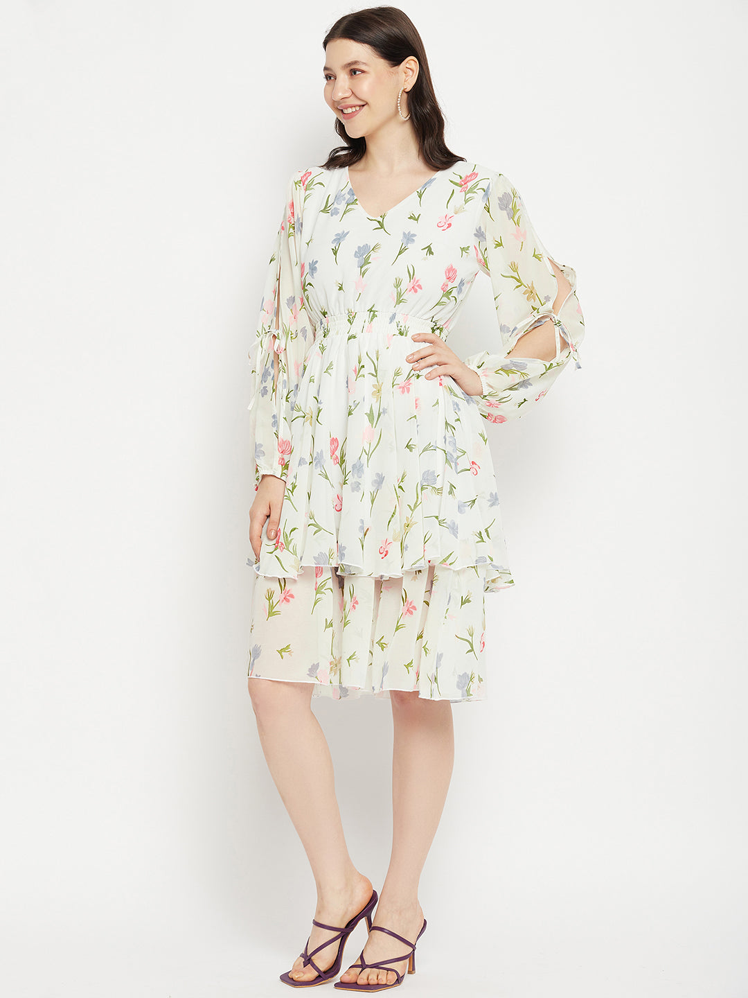 V Neck Floral Print Slit Sleeve Layered Georgette Fit & Flare Dress