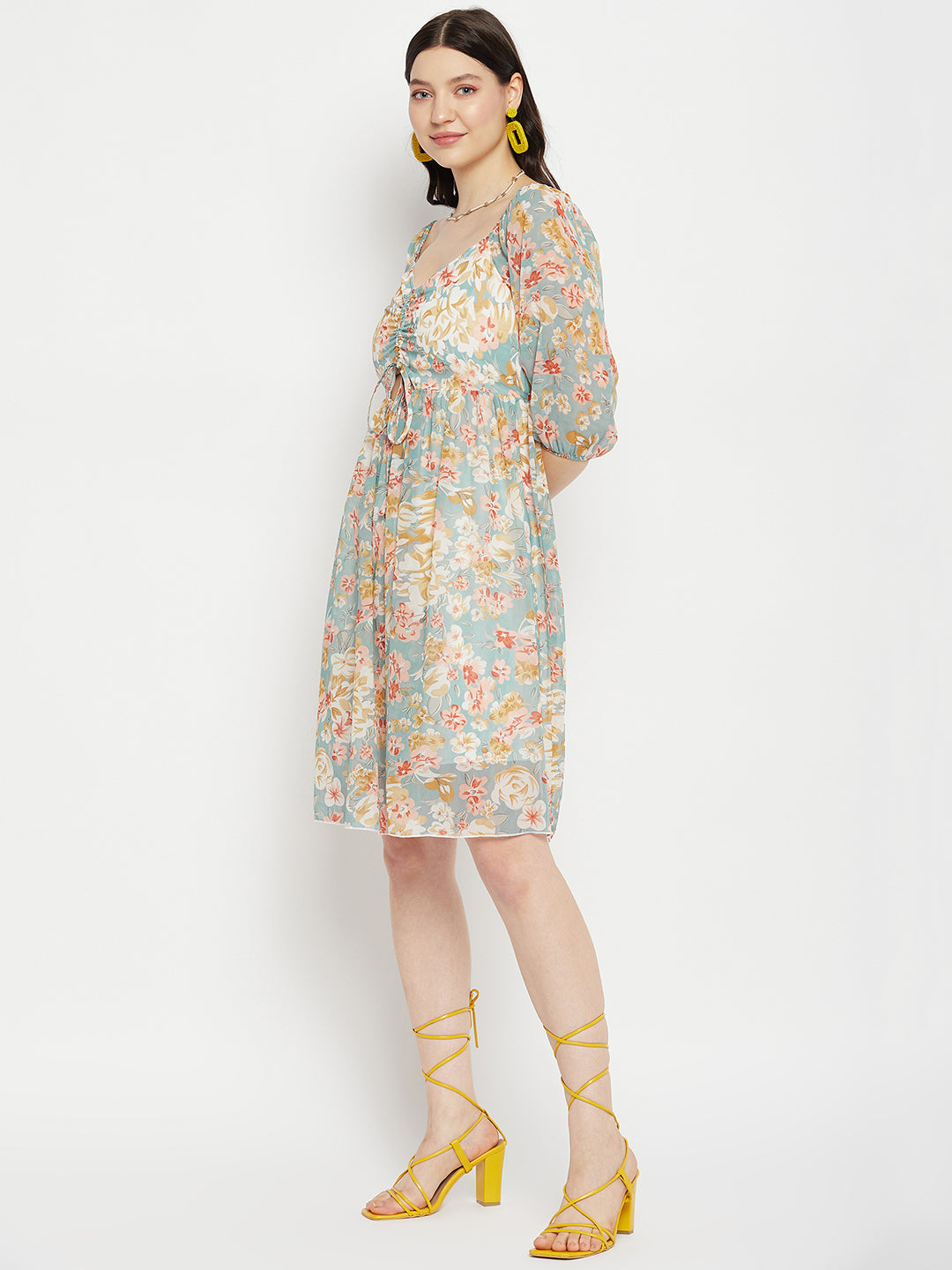 Floral Printed Puff Sleeves Cut-Out Detailed Ruched Fit & Flare Dress