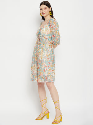Floral Printed Puff Sleeves Cut-Out Detailed Ruched Fit & Flare Dress