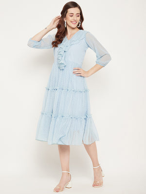 Blue Striped Georgette A-Line Midi Dress
