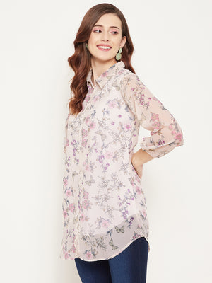 Off White & Purple Shirt Collar Printed Tunic